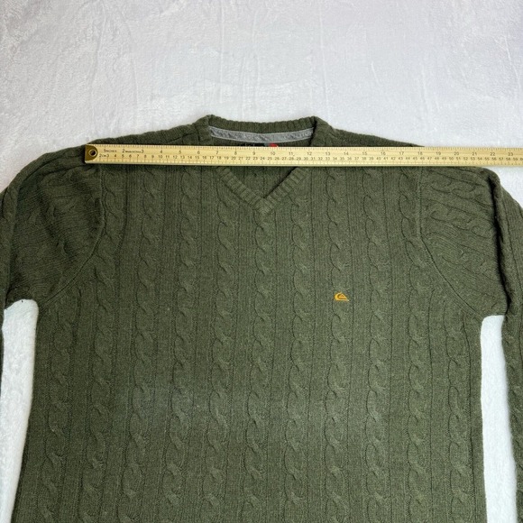 Quicksilver Sweater Large Men's Green Pullover V Neck Cable Knit - Lambs Wool - Picture 9 of 15